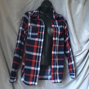 Plaid button up with red white and blue